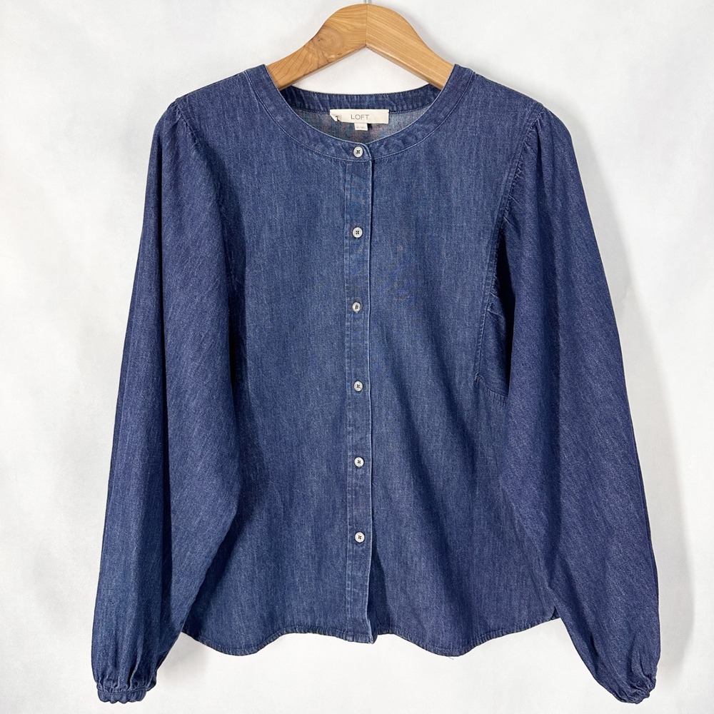 LOFT Cotton Long Dramatic Balloon Sleeve Blue Button Front Blouse Womens Size XL